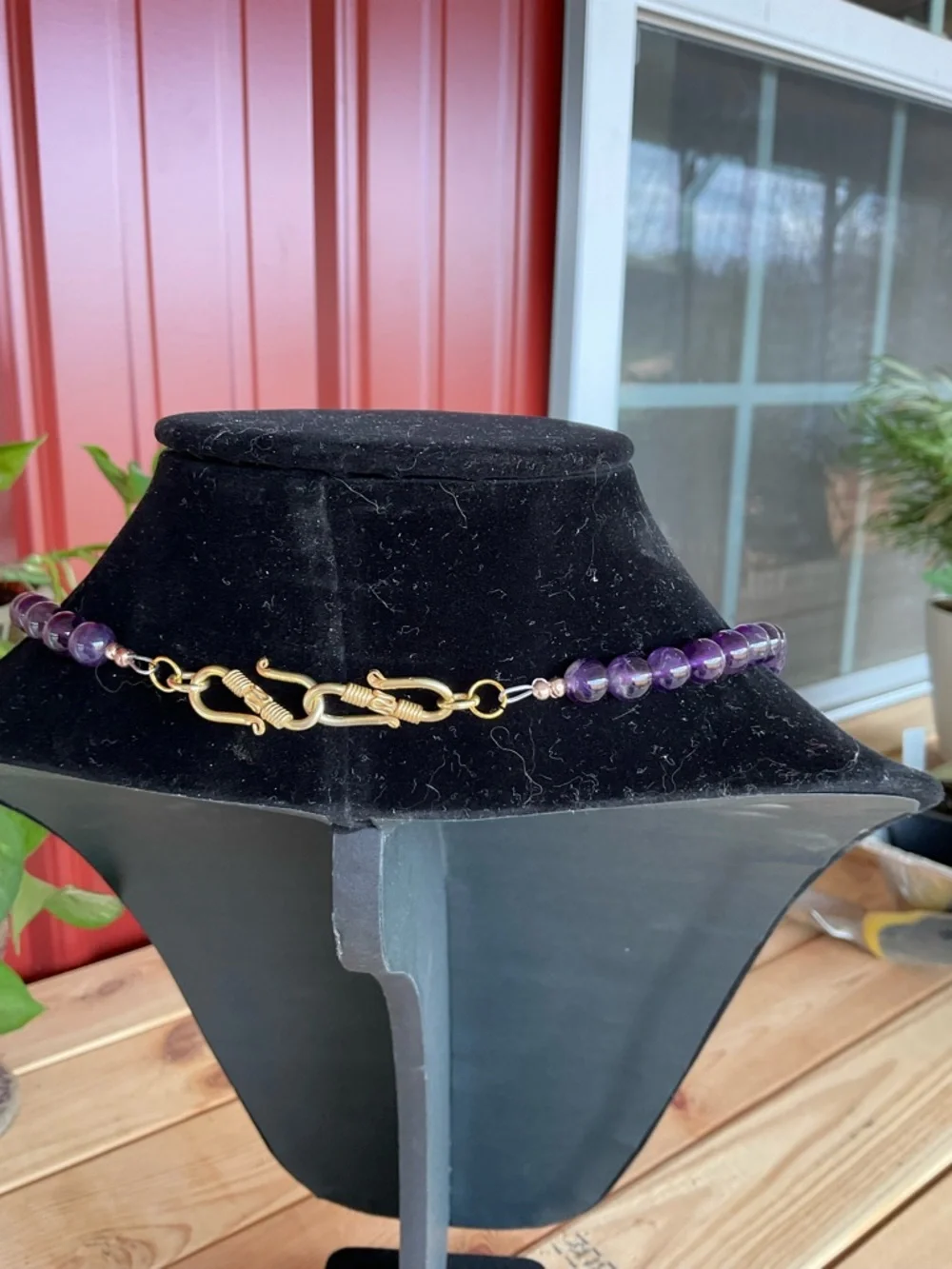 Handcrafted amethyst and Copper Pearl Statement Necklace. - Picture 2 of 5